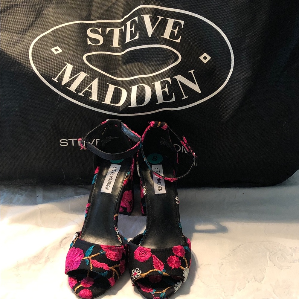Steve Madden Black Heels with Pink Floral Embroidery